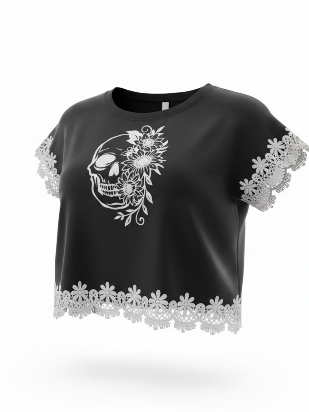 Black Skull Floral Lace Trim Top Small | Boho Gothic Crop Tee